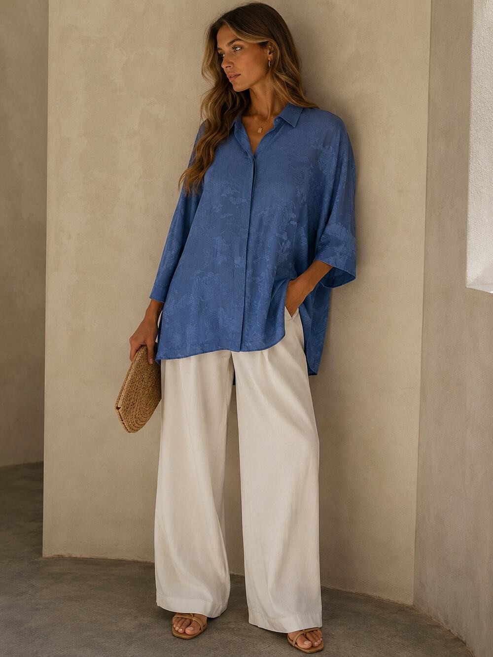 Citron Silk Oversized Button Down Top Blouse Blue Large Dressy Flowy Tunic